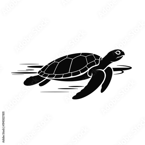 A sleek black silhouette of a sea turtle gracefully swimming forward