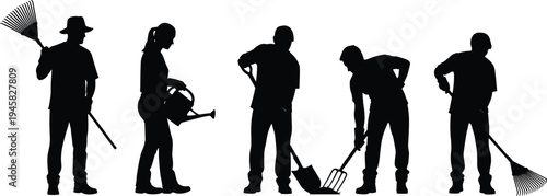 Gardening activity people tools silhouette vector illustration design graphic, outdoor nature art concept, black and white decorative creative collection