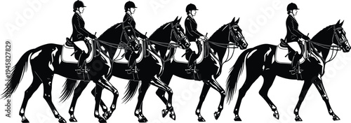 Equestrian riders horse motion silhouette vector illustration design graphic, sports training art concept, black and white decorative creative collection