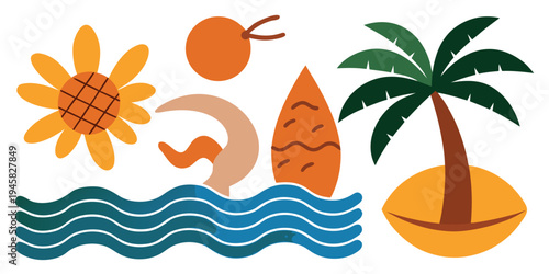 Creative summer beach scene with sunflower and surfboard icons over blue wavy water patterns