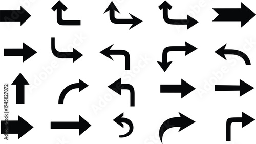 Collection of various black arrows on white background for directional guidance and navigation