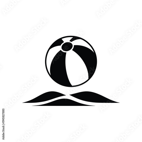 A simple black and white illustration of a beach ball on sand