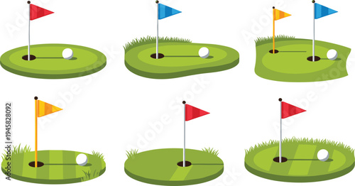 Golf Hole Set with Various Flag Colors and Golf Balls for Sports Illustration