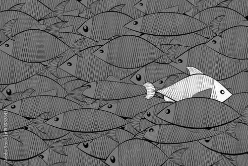 One white fish swimming in the opposite direction against a crowd of gray fish; concept of individuality, standing out from the crowd, and unique leadership