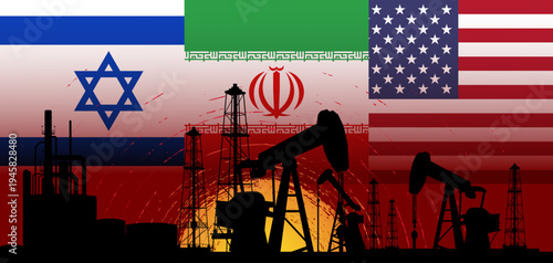 Oil industry, Crude Oil Prices crisis concept illustration with flags of Israel, Iran, and the USA conflict Persian Gulf