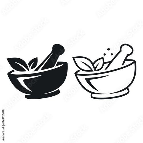Black and white illustration of two mortars and pestles with leaves for herbal medicine or pharmacy