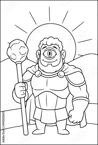 Mythology cyclops wearing armor and holding a stone mace in the desert sun