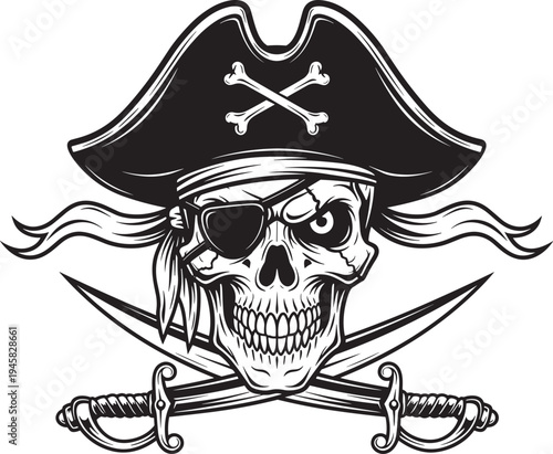 Fierce pirate skull with tricorn hat, eye patch, black bandana, angry expression, crossed swords below, detailed black vector illustration for logo, tattoo, emblem, danger design.