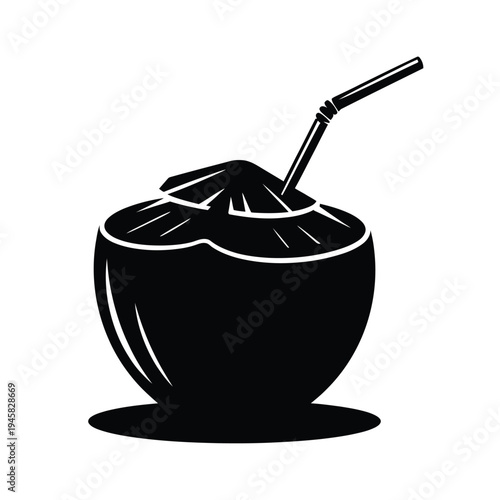A black and white illustration of a coconut half with a drinking straw