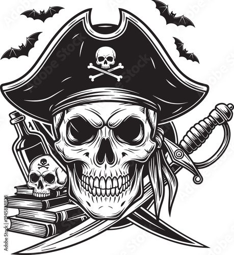 Mysterious pirate skull in tricorn hat with small skull emblem, rum bottle, books, crossed swords, flying bats above, angry expression, detailed black vector illustration for logo, tattoo.