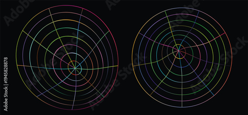 Abstract EPS vector illustration set. Futuristic cyberspace radar grids. Colorful 3D circular wireframe shapes. Isolated dark technology UI dashboard elements. 