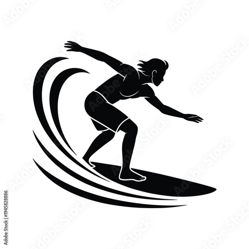 Silhouette of a surfer riding a wave in a dynamic black and white style