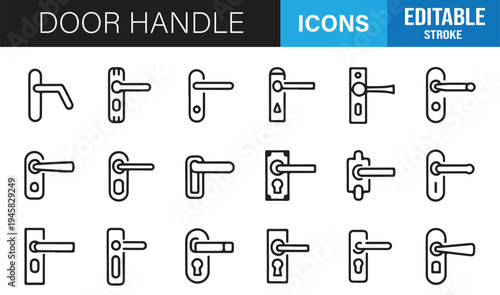 Door handle outline icons editable stroke door hardware vector set