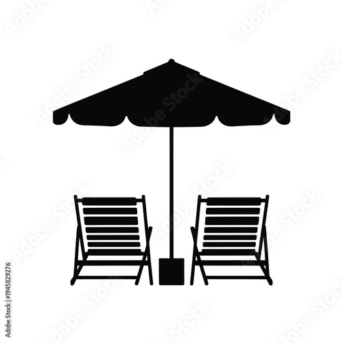 Black and white illustration of beach chairs under a parasol