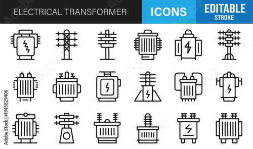 Industrial electrical transformer icon set outline editable stroke vector