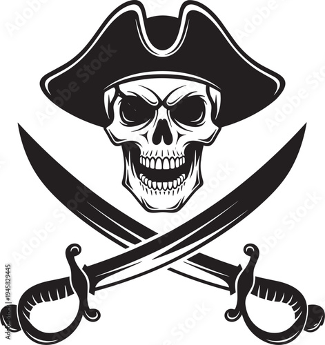 Pirate skull vector illustration with crossed sabers and tricorne hat, vintage nautical skeleton emblem for seafaring adventure, buccaneer Jolly Roger black white icon