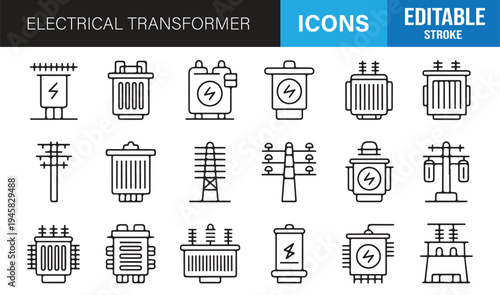 Electricity distribution transformer minimal line icons editable vector set