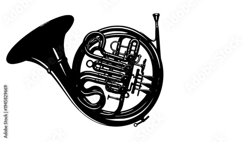 Realistic Brass French Horn Vector Illustration Showing Detailed Valves Pipes and Bell Isolated on White Background
