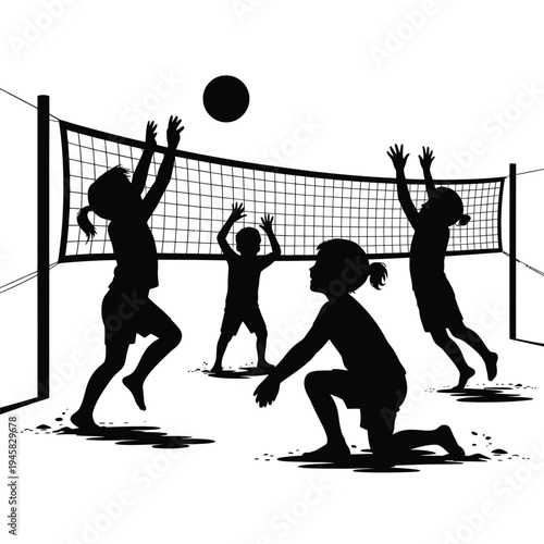 Silhouetted children playing volleyball on a sunny outdoor court