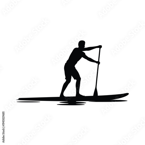 Silhouette of a person paddleboarding on calm water simple black design