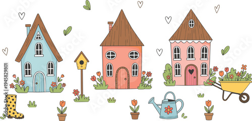 Hand drawn cozy garden vector set featuring whimsical fairytale houses flowers watering can wheelbarrow and birdhouse for spring greeting cards and cottagecore aesthetic landscape design projects.