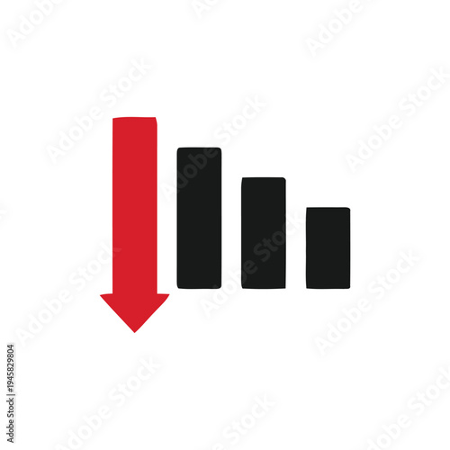 A downward trend graph with a red arrow and three black bars on a white background indicating decline