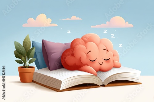 Cute cartoon brain sleeping on an open book with pillows and dreamy clouds for study rest
