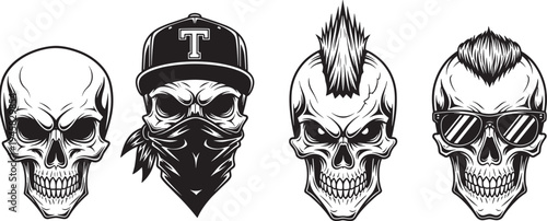 skull, skeleton, urban, streetwear, vector, illustration, mohawk, bandana, cap, sunglasses, head, gothic, tattoo, hip-hop, edgy