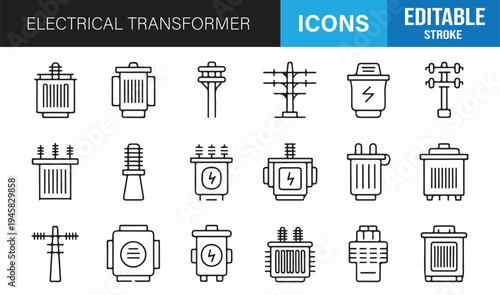 Electrical transformer outline icons editable stroke power energy vector set