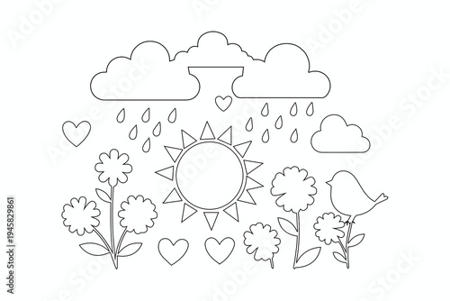 A cheerful illustration of nature with sun, rain, flowers, and a bird.