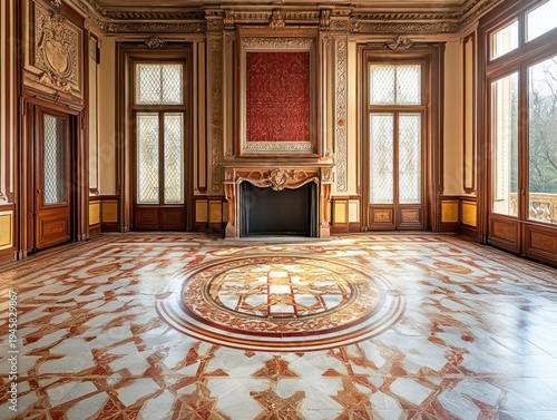Ornate interior of a grand hall with intricate marble floor and fireplace