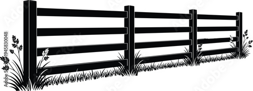 Wooden fence grass plants silhouette vector illustration design graphic, countryside rural boundary art concept, black and white decorative creative collection