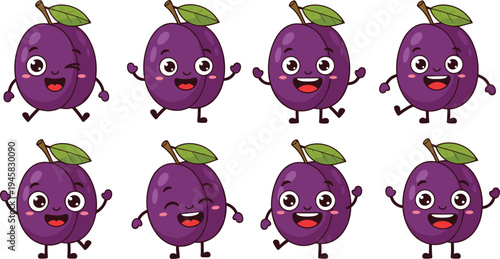 Set of cute plum fruit mascot characters with various emotions and happy poses including waving winking and jumping in colorful cartoon style for kids design.