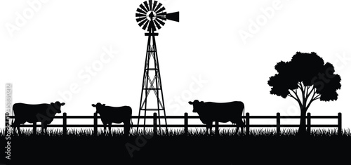 Farm scene cows windmill tree silhouette vector illustration design graphic, agriculture rural nature art concept, black and white decorative creative collection
