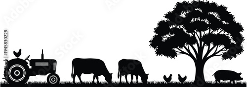 Farm scene tractor animals tree silhouette vector illustration design graphic, agriculture rural nature art concept, black and white decorative creative collection