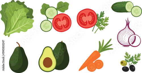 Set of fresh salad vegetable icons featuring lettuce tomato cucumber avocado onion and carrot in colorful flat cartoon style for healthy food design.