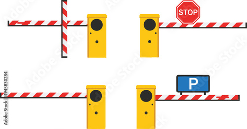 Parking barrier gate system with stop and parking signs vehicle access control security traffic entrance vector illustration isolated equipment