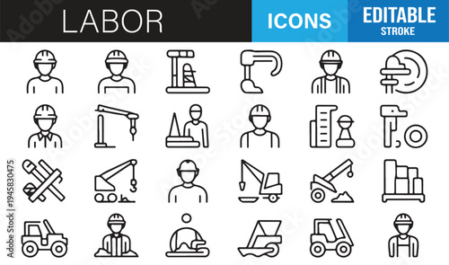 Industrial worker and trade profession minimal outline icons vector set