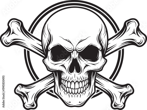 Vintage skull and crossbones vector illustration, detailed jolly roger skeleton head with circular border, nautical pirate emblem for biker tattoo and apparel design