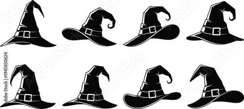 Set of Eight Black Witch Hat Silhouettes Featuring Various Pointed Designs and Buckles Representing Halloween Magic Fantasy Sorcery Wizardry Spooky Celebration and Mystical Occult Symbols