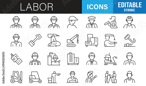 Worker occupation and industry minimal line icons editable stroke set