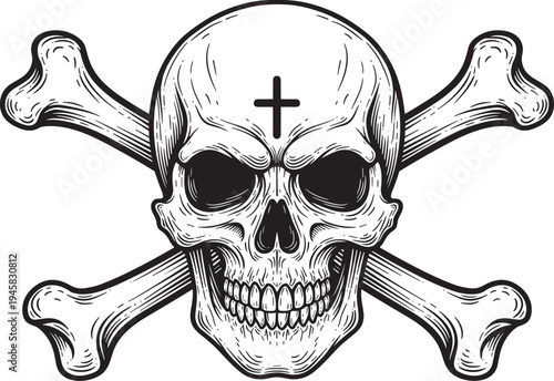 Vintage skull and crossbones vector illustration, detailed skeleton head with forehead cross symbol, hand drawn jolly roger emblem for gothic tattoo and apparel design