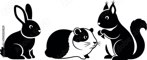 Silhouette of rabbit guinea pig and squirrel standing together in black and white