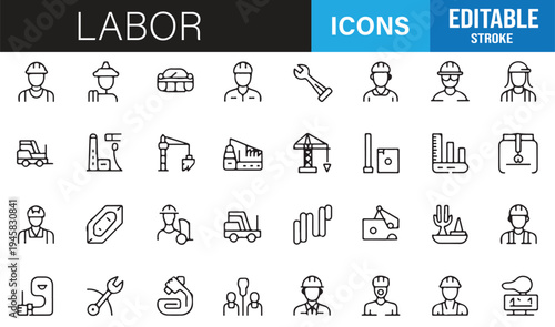 Industrial worker and technician minimal line icon collection editable vector