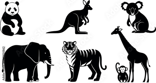 Black silhouette animals including panda kangaroo koala elephant tiger giraffe and monkey on white background silhouette