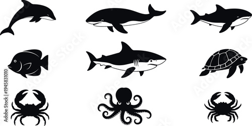 Marine life silhouette collection featuring various ocean creatures