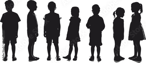 WebChildren silhouettes standing in line, diverse group, casual clothing, childhood unity, posture variation, human figures, social representation, friendship, diversity, illustration