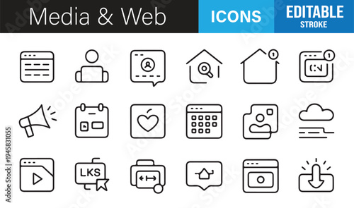 Online media and communication line icons editable stroke collection