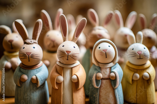 Group of cute handcrafted wooden Easter bunny and doll figurines on a shelf