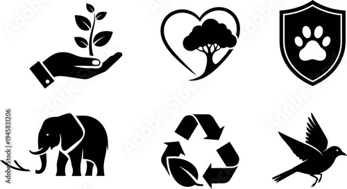 Black silhouette icons of eco friendly and animal welfare symbols